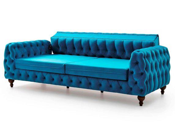 Ρετρό καναπές σε μπλε χρώμα chesterfield, οικονομικός vintage καναπές καπιτονε