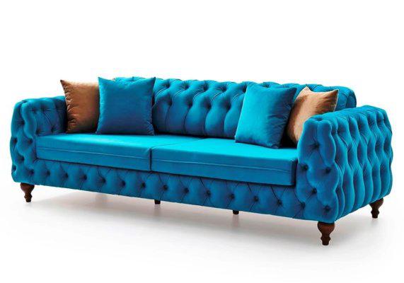 Ρετρό καναπές σε μπλε χρώμα chesterfield, οικονομικός vintage καναπές καπιτονε