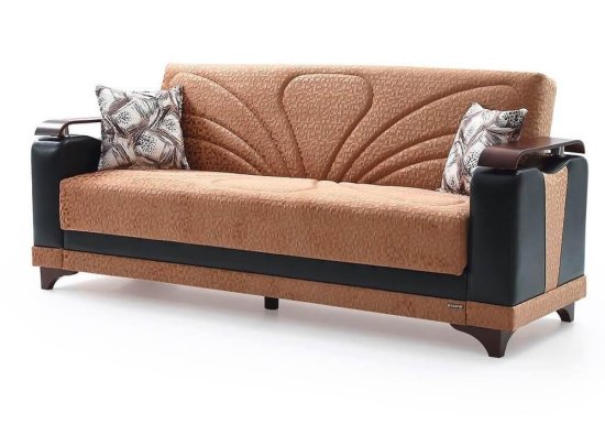 Υφασμάτινος καναπές κρεβάτι με ξύλινα μπράτσα