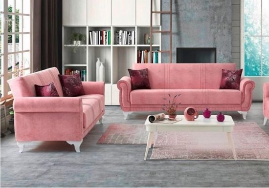 Ροζ Καναπές Κρεβάτι με Λευκά Πόδια Ef-105091