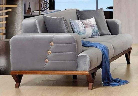 Kαναπές-κρεβάτι με ξύλινα ποδαράκια και σχέδιο κουμπιά στα μπράτσα Ass-105093