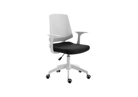 Καρέκλα γραφείου με άσπρο σκελετό και μαύρο κάθισμα.