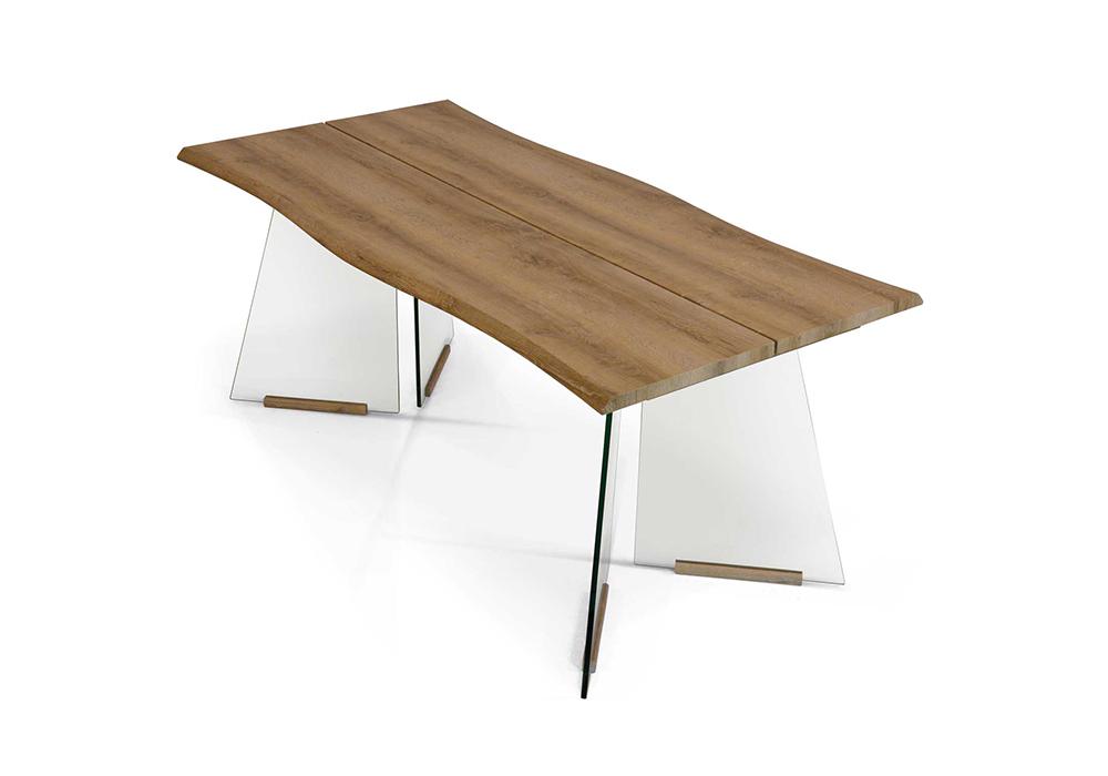 μεγάλο τραπέζι με ξύλινη επιφάνεια και γυάλινα πόδια