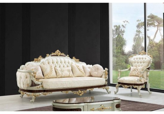 Αριστοκρατικός καναπές σε λευκό και χρυσό με καπιτονέ ύφασμα μαζί με πολυθρόνα