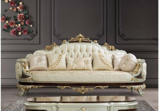 Αριστοκρατικός καναπές σε λευκό και χρυσό με καπιτονέ ύφασμα εμπρός όψη
