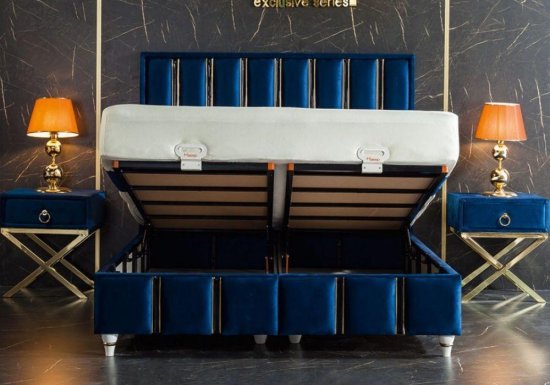 Κρεβάτι μπλε υφασμάτινο με χρυσές ρίγες αποθηκευτικός χώρος