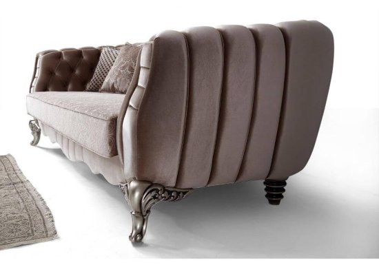 luxury νεοκλασικός καναπές βελούδινο με σκαλιστά ποδαρικά σε μωβ ύφασμα