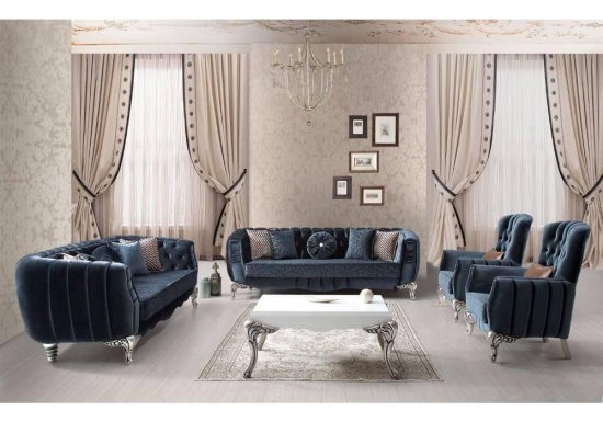 luxury νεοκλασικό σαλόνι βελούδινο με σκαλιστά ποδαρικά σε μπλε ύφασμα