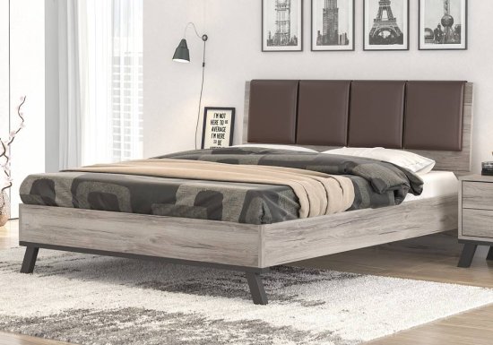 Κρεβάτι ξύλινο διπλό με κεφαλάρι επενδυμένο με δερματίνη καφέ