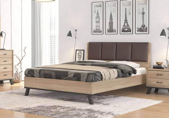 Κρεβάτι ξύλινο διπλό με κεφαλάρι επενδυμένο με δερματίνη