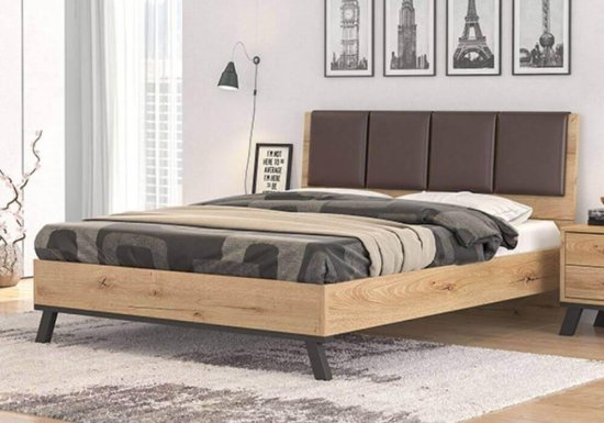 Κρεβάτι μελί ξύλινο διπλό με κεφαλάρι επενδυμένο με δερματίνη καφέ