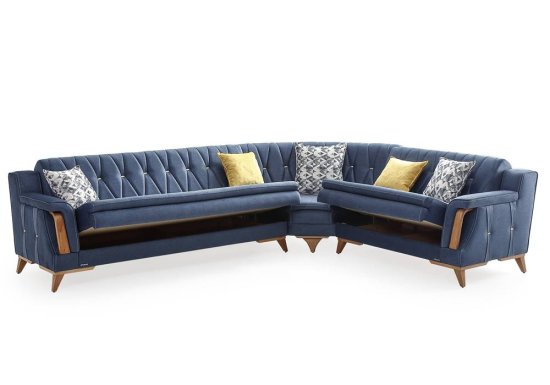Μπλε γωνιακός καναπές με αποθηκευτικό χώρο και κρεβάτι