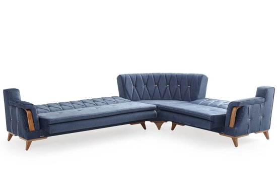 Μπλε γωνιακός καναπές με αποθηκευτικό χώρο και κρεβάτι