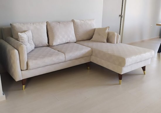 Μοντέρνος γωνιακός καναπές με καρυδί - χρυσά πόδια