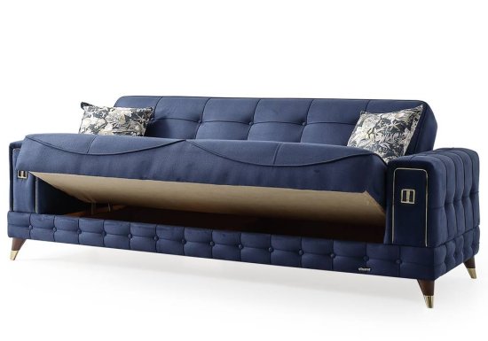 Τριθέσιος καπιτονέ καναπές κρεβάτι με χρυσές λεπτομέρειες