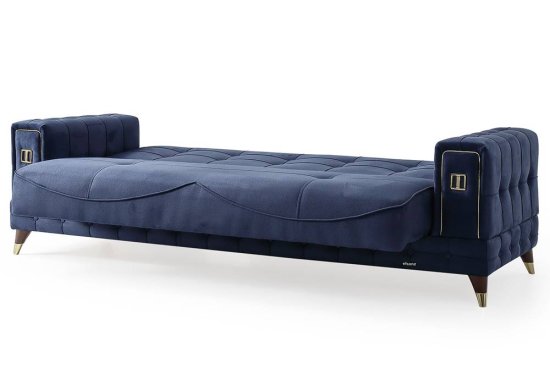 Τριθέσιος καπιτονέ καναπές κρεβάτι με χρυσές λεπτομέρειες
