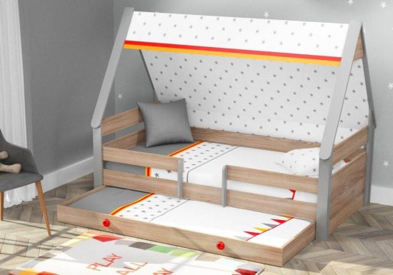 Κρεβάτι σχήμα σπιτιού προστατευτικά κάγκελα Montessori