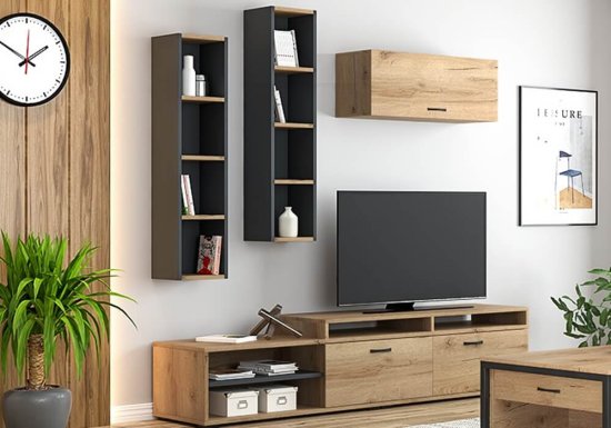 Μοντέρνα σύνθεση σαλονιού ξύλινη με βάση TV και ράφια