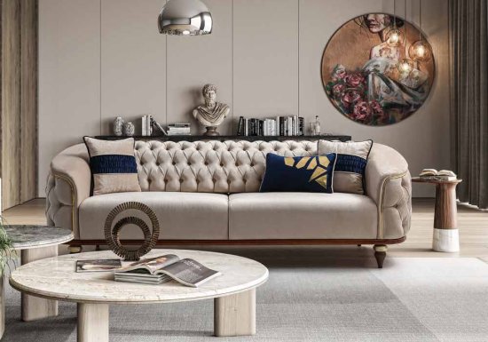 Καπιτονέ luxury καναπές κρεβατι με χρυσές λεπτομέρειες