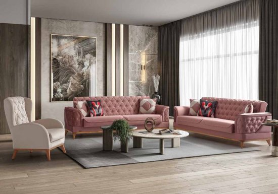 Ροζ vintage καναπέδες με εκρού πολυθρόνα