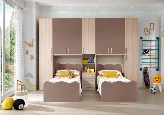 Παιδικό δωμάτιο με 2 κρεβάτια και σύνθεση ντουλάπας