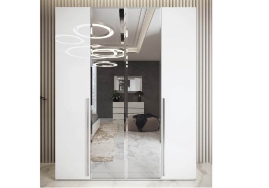 Λευκή ντουλάπα υπνοδωματίου με καθρέφτες - 3 διαστάσεις τετράφυλλη