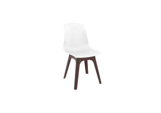 Καρέκλα με πλαστικό κάθισμα σε λευκό χρώμα και καφέ πόδια