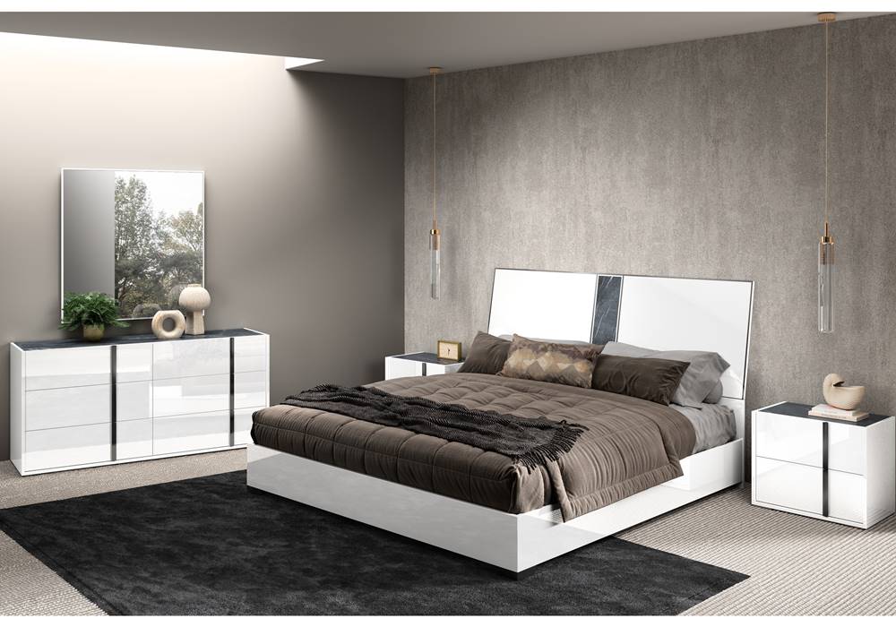 Κρεβάτι σχεδιασμένο σε χρώμα λευκό το οποίο διαθέτει εφέ μαρμάρου σε χρώμα μαύρο.