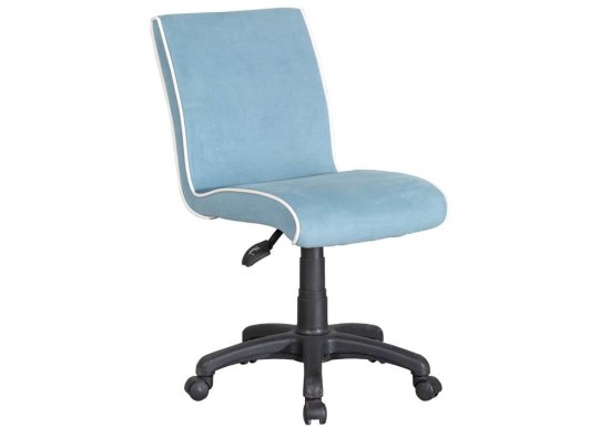 Καρέκλα γραφείου σχεδιασμένη σε χρώμα γαλάζιο και διακοσμημένη με λευκές λεπτομέρειες.