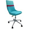 Καρέκλα γραφείου σχεδιασμένη σε χρώμα γαλάζιο η οποία διαθέτει ροδάκια και μηχανισμό αυξομείωσης του μεγέθους της.