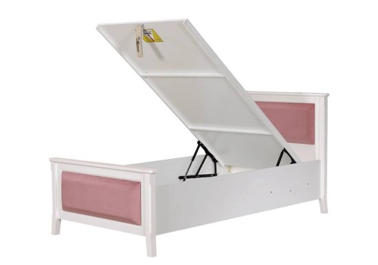 Λευκό κρεβάτι με ροζ κεφαλάρι, ποδαρικό και αποθηκευτικό χώρο.