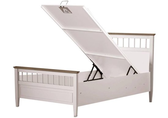 Κρεβάτι νεανικού εφηβικού δωματίου σε χρώμα λευκό με ξύλινες λεπτομέρειες.