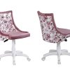 Καρέκλα γραφείου ρομαντικού στυλ με λευκό σκελετό και ροζ κάθισμα διακοσμημένο με λουλουδάκια.