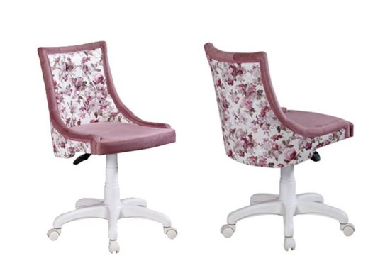 Καρέκλα γραφείου ρομαντικού στυλ με λευκό σκελετό και ροζ κάθισμα διακοσμημένο με λουλουδάκια.