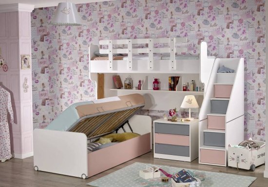 Κοριτσίστικη ροζ - γκρι κουκέτα με κρεβάτι με αποθηκευτικό χώρο.