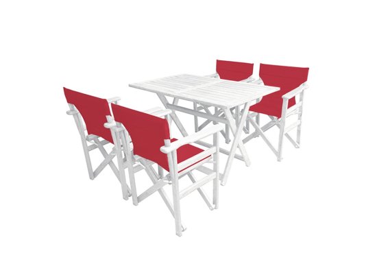 Τραπεζαρία οξιάς με κόκκινο ύφασμα στις καρέκλες